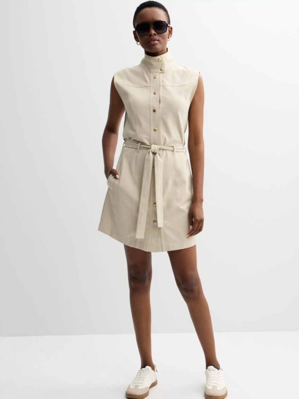 NWT Grey State Sleeveless High-Neck Belted Midi Dress in Beige-Cream